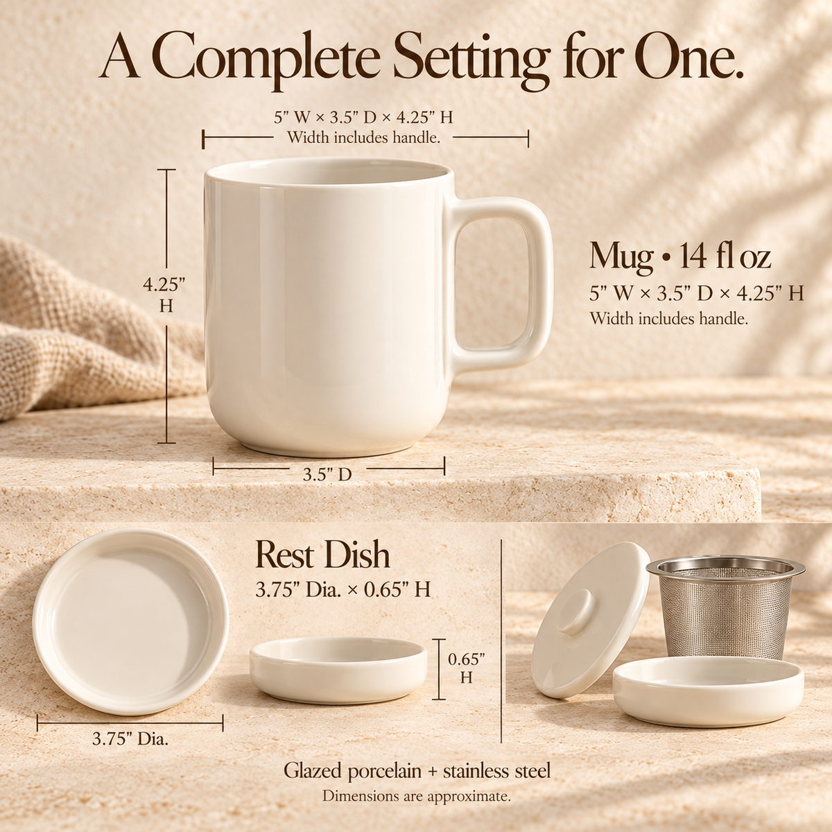 MAVELQIA™ Mirel Ceramic Tea Mug Gift Set — 14 fl oz Porcelain Mug with Stainless Steel Infuser, Lid and Rest Dish
