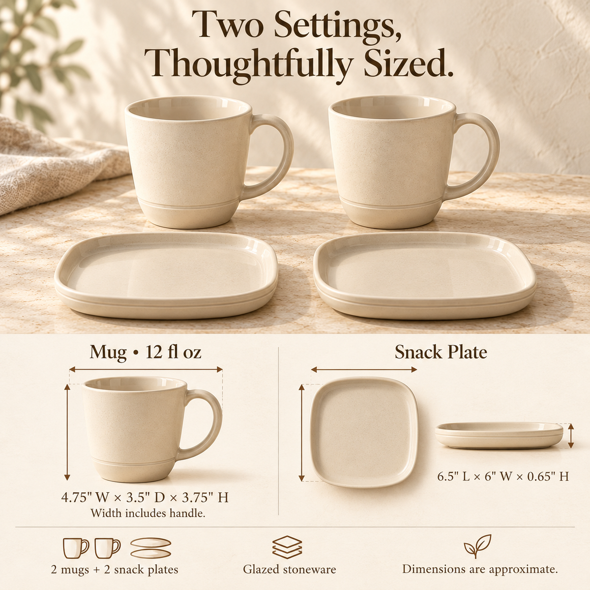 MAVELQIA™ Avelin Ceramic Mug Gift Set — Set of 2 Stoneware Coffee Mugs with Matching Snack Plates