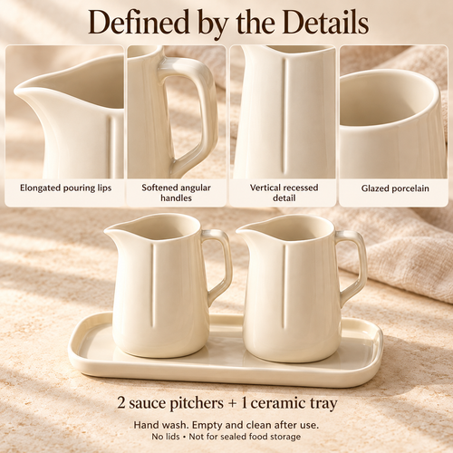 MAVELQIA™ Alune Ceramic Condiment Gift Set — 2 Porcelain Sauce Pitchers with Matching Serving Tray