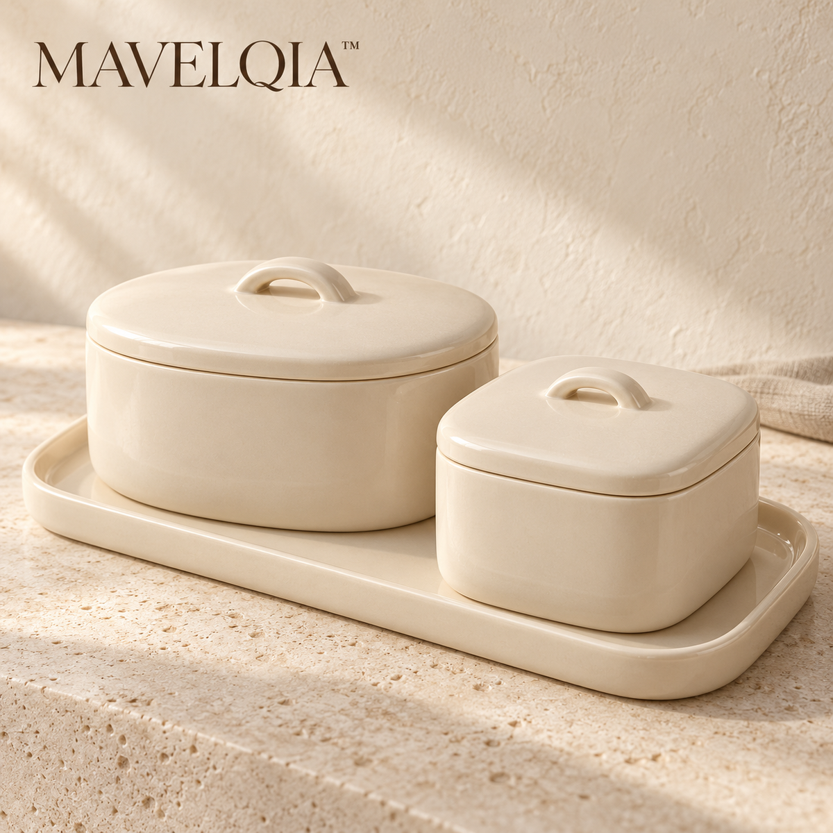 MAVELQIA™ Elaris Ceramic Keepsake Gift Set — 2 Lidded Decorative Storage Boxes with Matching Display Tray
