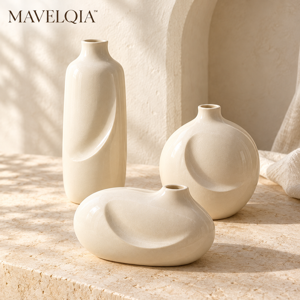 MAVELQIA™ Veyla Ceramic Bud Vase Gift Set — 3 Sculptural Decorative Vases for Shelves and Tabletops