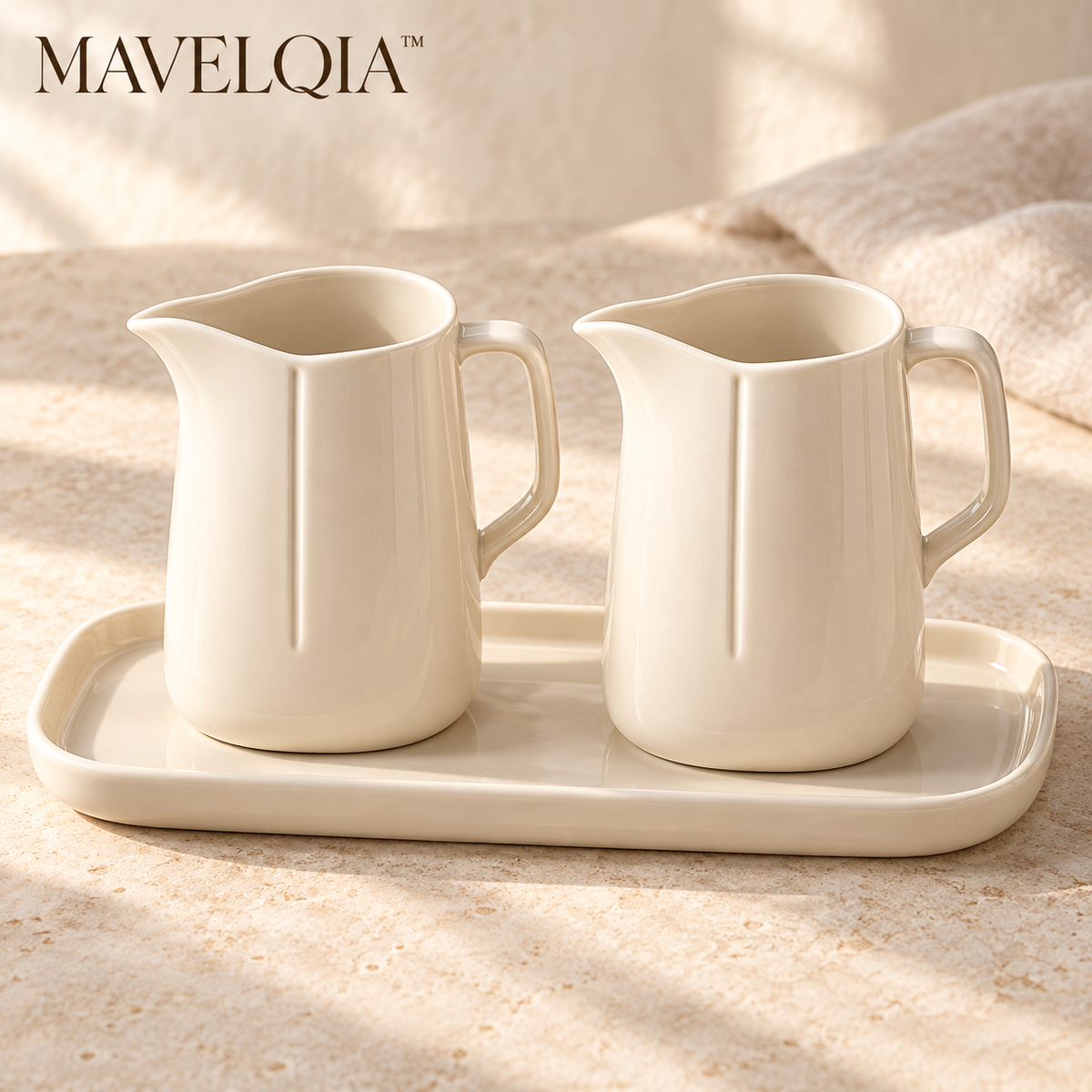 MAVELQIA™ Alune Ceramic Condiment Gift Set — 2 Porcelain Sauce Pitchers with Matching Serving Tray