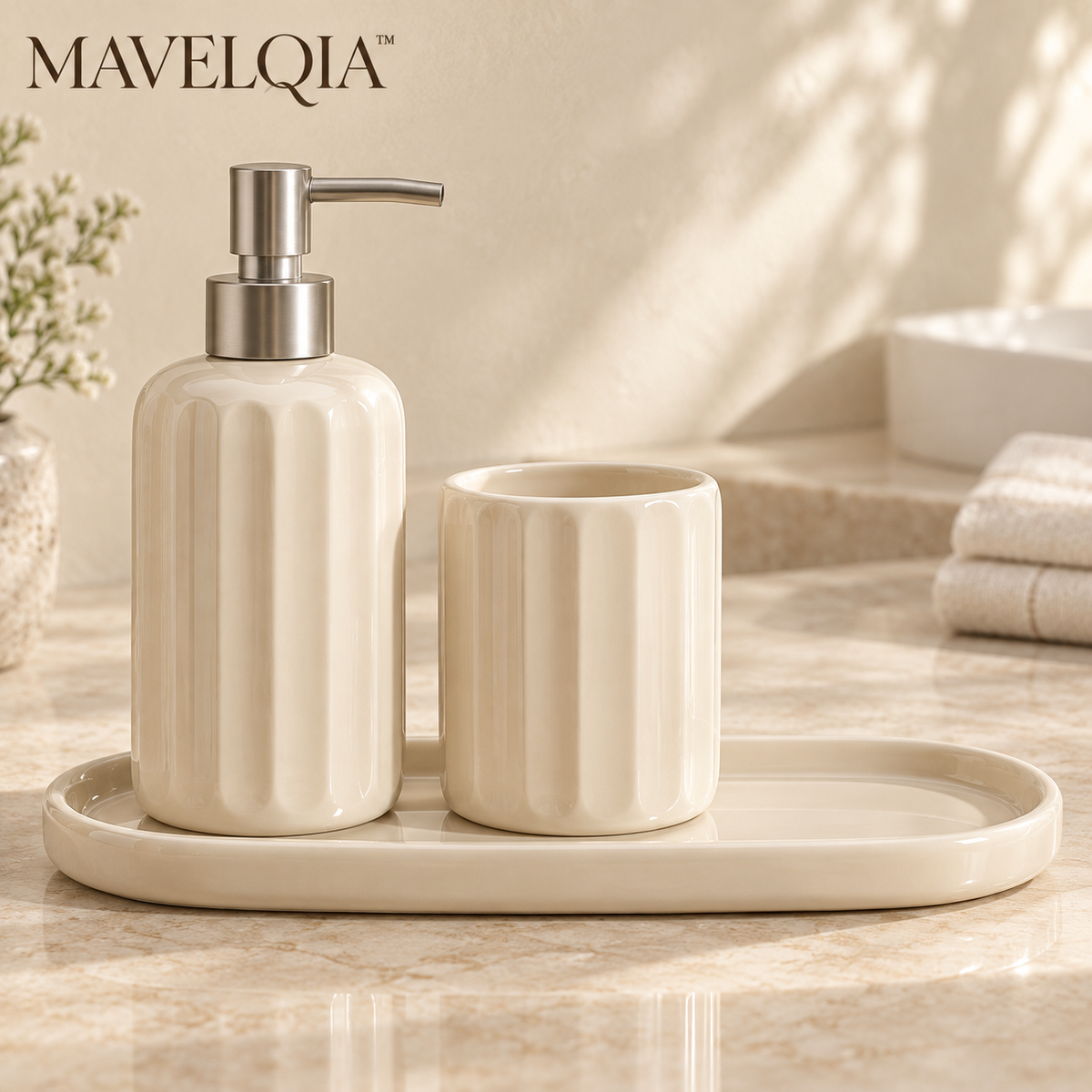 MAVELQIA™ Sorelle Ceramic Bathroom Accessory Gift Set — Soap Dispenser, Toothbrush Holder and Vanity Tray