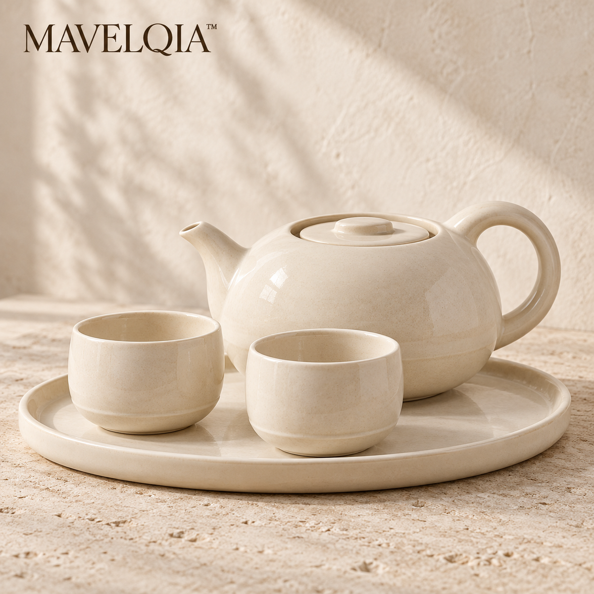 MAVELQIA™ Solune Ceramic Tea Gift Set for Two — Stoneware Teapot, 2 Teacups and Serving Tray