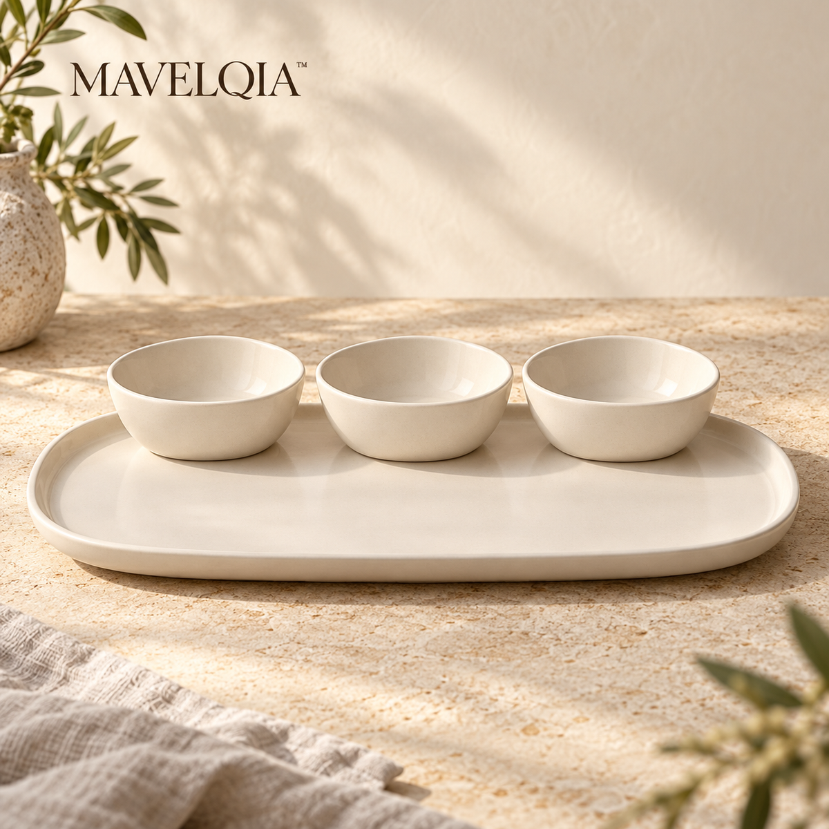 MAVELQIA™ Tavelle Ceramic Appetizer Serving Gift Set — Stoneware Platter with 3 Dip Bowls