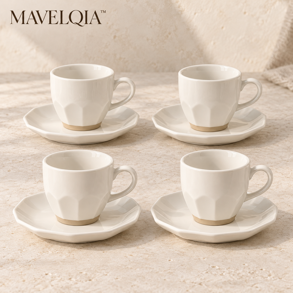 MAVELQIA™ Neris Espresso Cup and Saucer Gift Set — 4 Porcelain Demitasse Cups with Matching Saucers