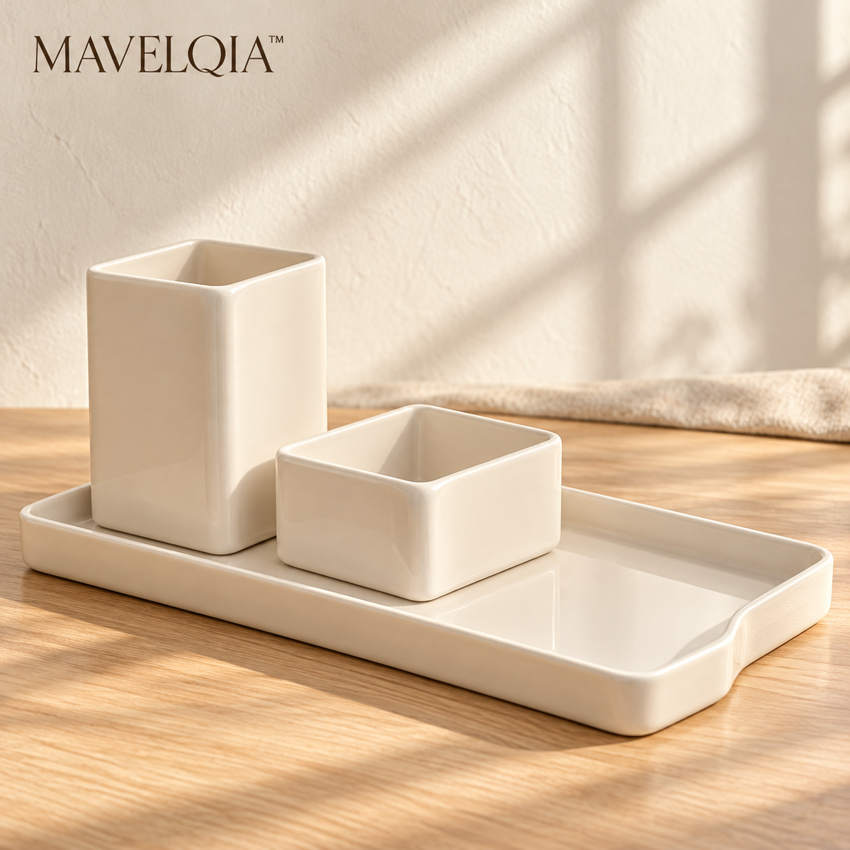MAVELQIA™ Arven Ceramic Desk Organizer Gift Set — Pen Holder, Small Accessory Cup and Catchall Tray