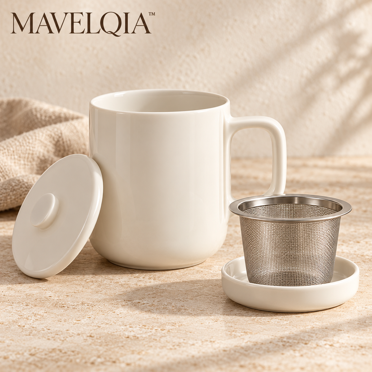 MAVELQIA™ Mirel Ceramic Tea Mug Gift Set — 14 fl oz Porcelain Mug with Stainless Steel Infuser, Lid and Rest Dish