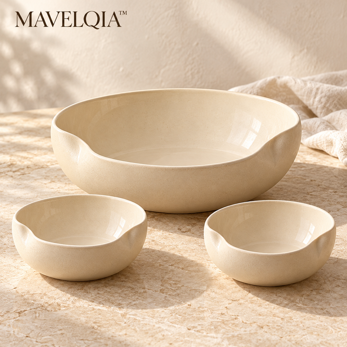 MAVELQIA™ Ordel Ceramic Salad Serving Gift Set — Large Stoneware Serving Bowl with 2 Small Serving Bowls