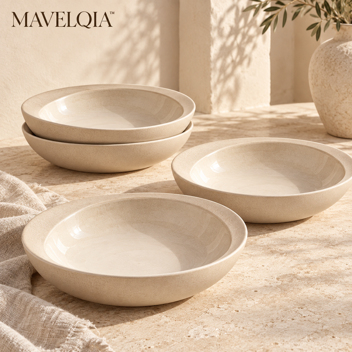 MAVELQIA™ Ceryn Ceramic Pasta Bowl Gift Set — 4 Wide Stoneware Bowls for Pasta, Salads and Grain Bowls