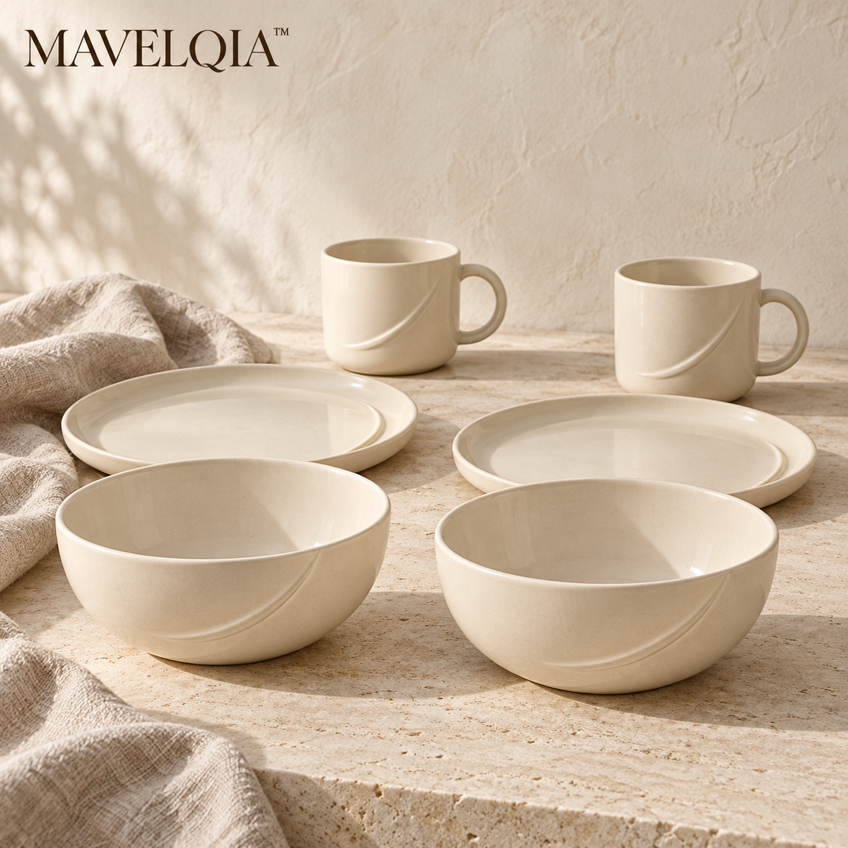 MAVELQIA™ Ovara Ceramic Breakfast Gift Set for Two — Stoneware Cereal Bowls, Side Plates and Mugs