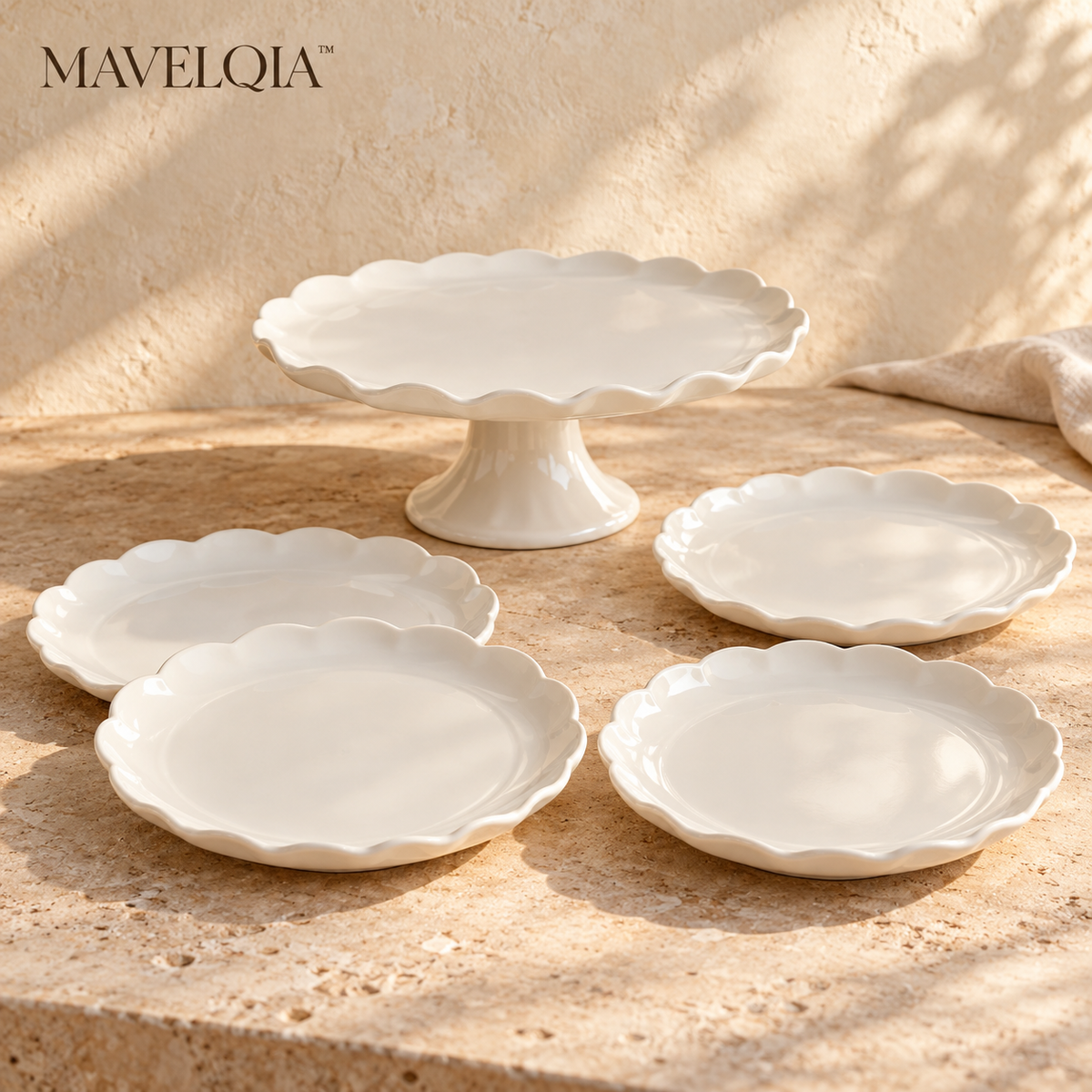 MAVELQIA™ Perenne Ceramic Dessert Gift Set — 4 Porcelain Dessert Plates and 1 Small Cake Pedestal