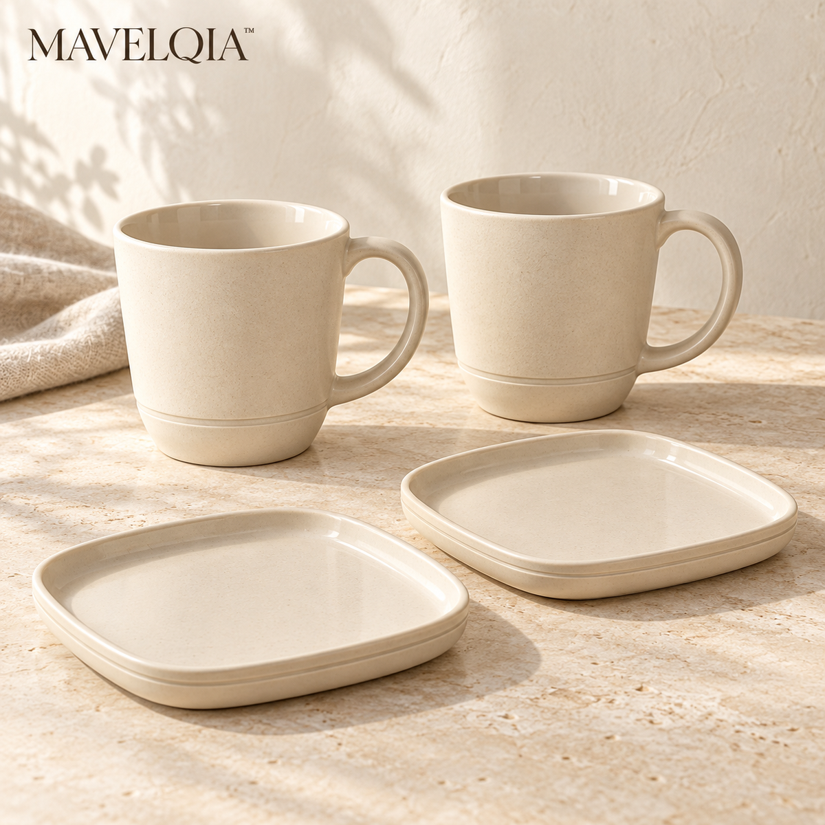 MAVELQIA™ Avelin Ceramic Mug Gift Set — Set of 2 Stoneware Coffee Mugs with Matching Snack Plates
