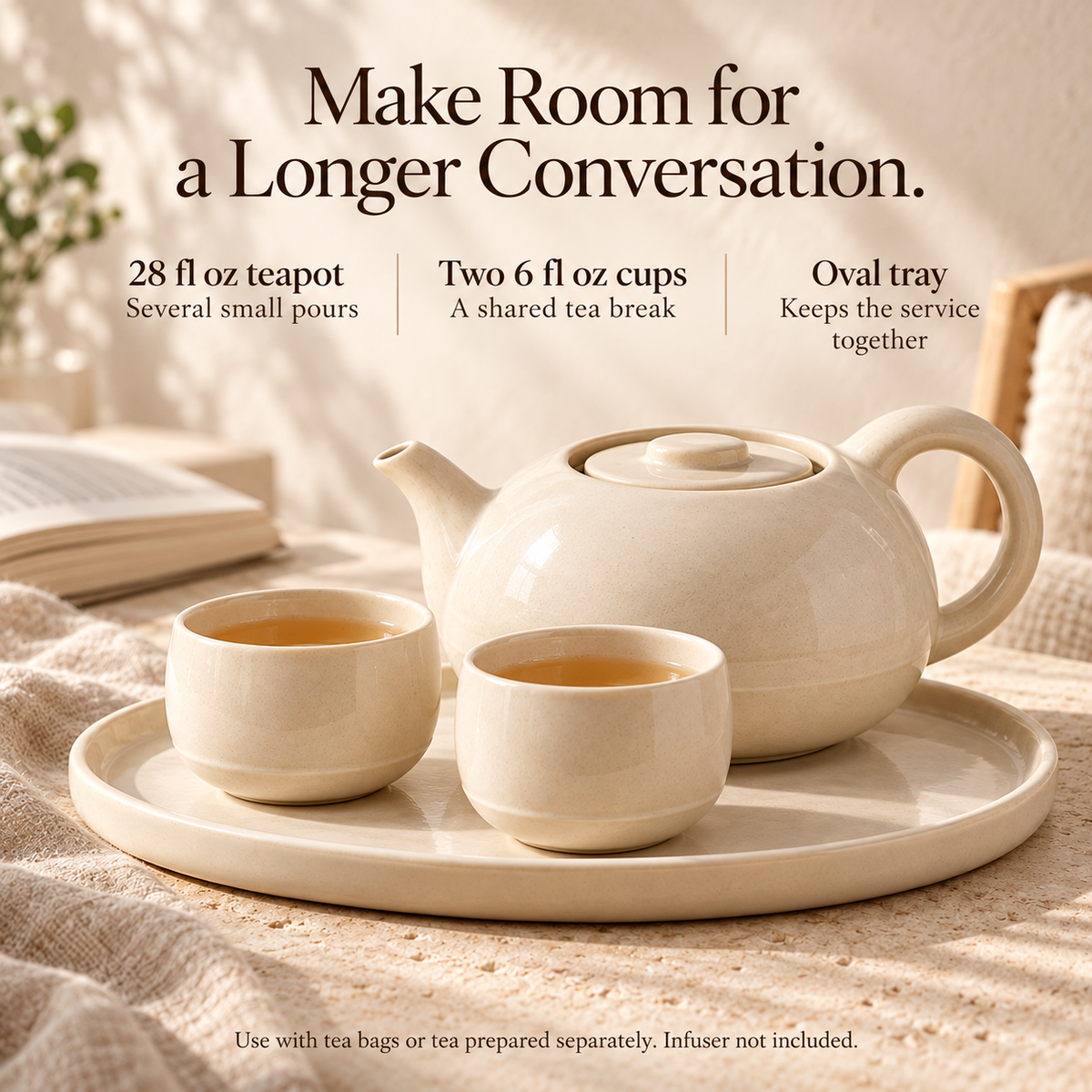MAVELQIA™ Solune Ceramic Tea Gift Set for Two — Stoneware Teapot, 2 Teacups and Serving Tray