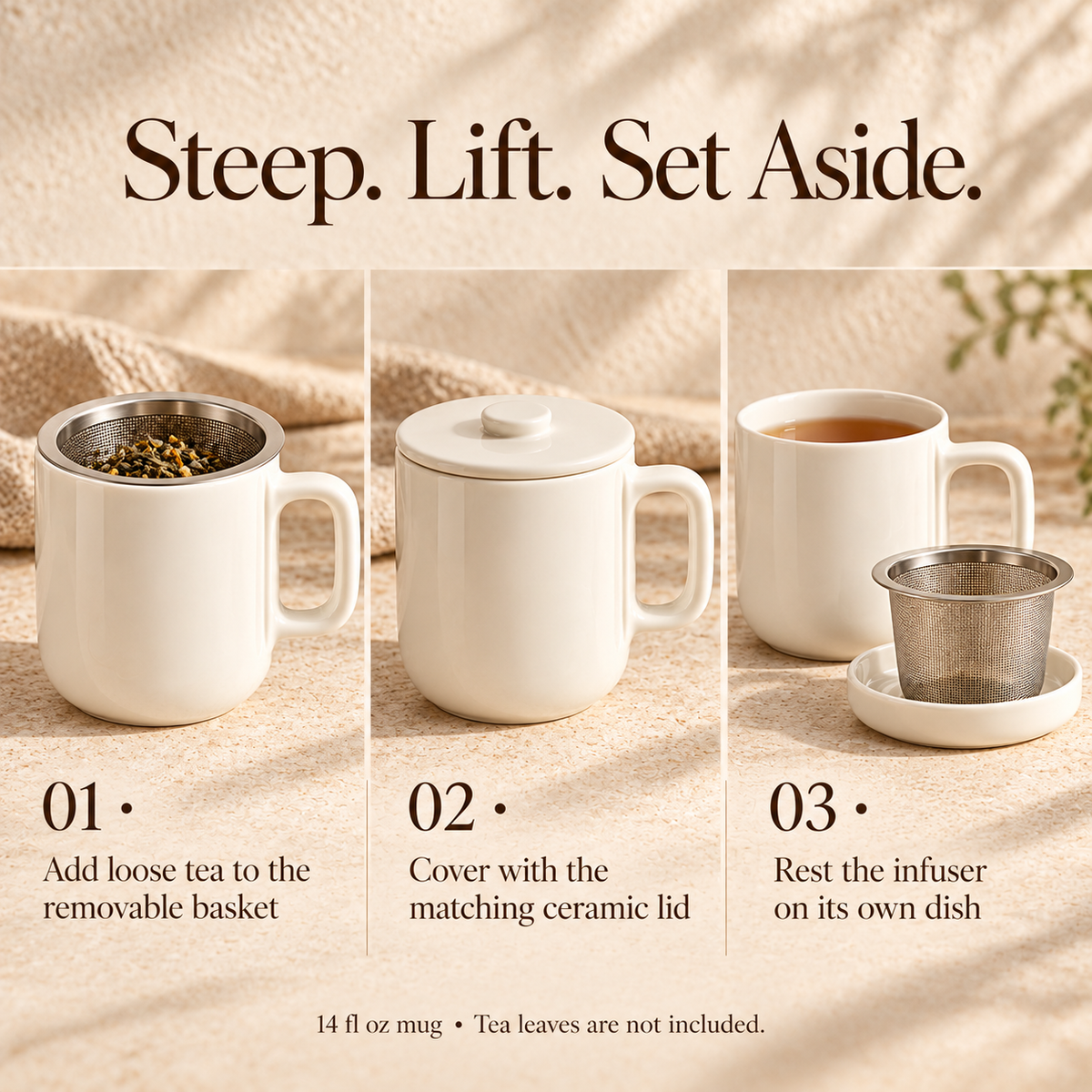 MAVELQIA™ Mirel Ceramic Tea Mug Gift Set — 14 fl oz Porcelain Mug with Stainless Steel Infuser, Lid and Rest Dish