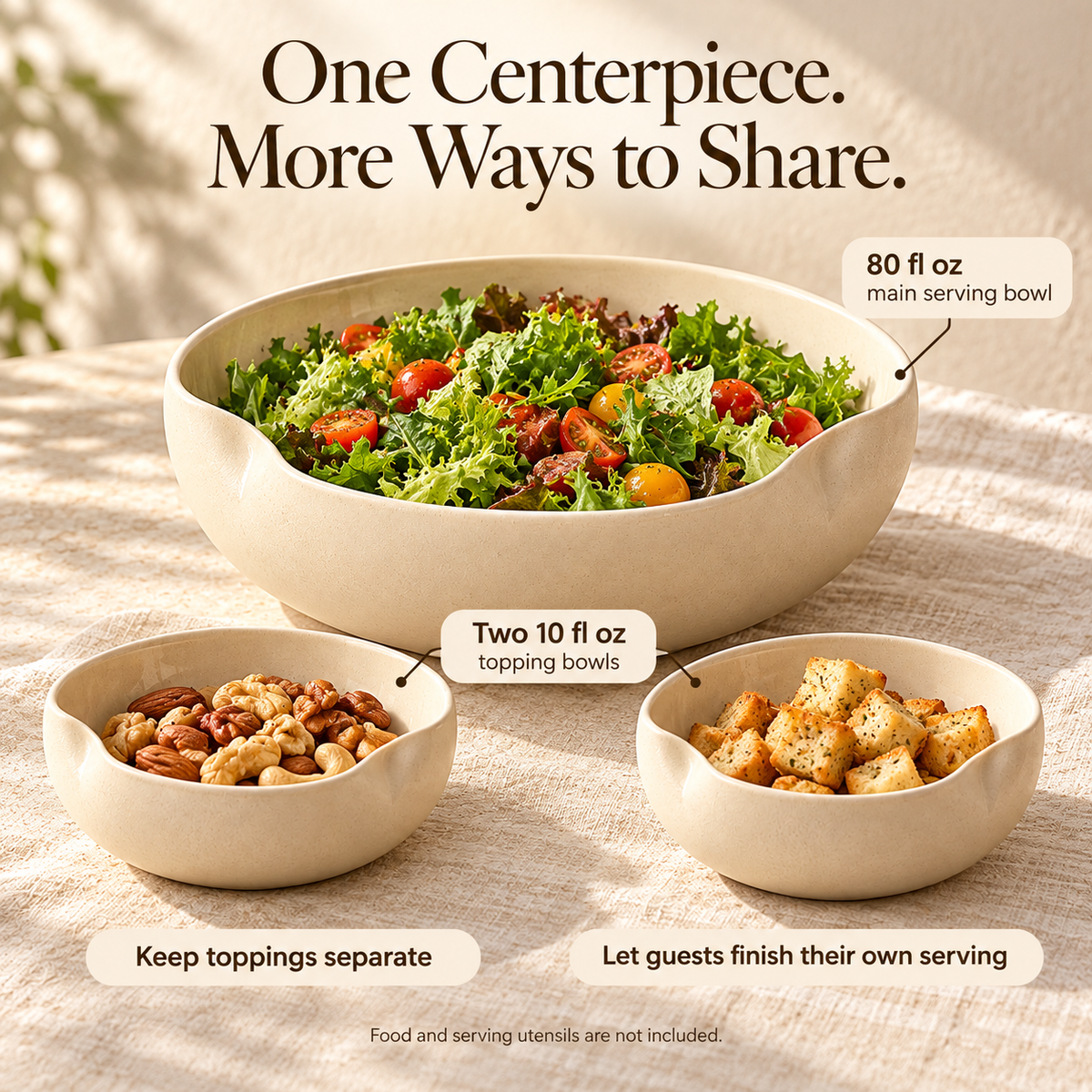 MAVELQIA™ Ordel Ceramic Salad Serving Gift Set — Large Stoneware Serving Bowl with 2 Small Serving Bowls
