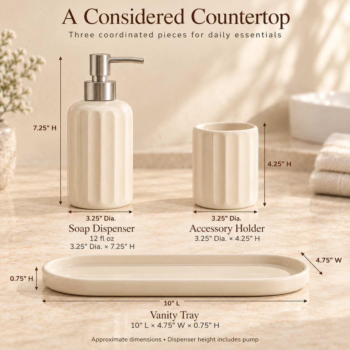 MAVELQIA™ Sorelle Ceramic Bathroom Accessory Gift Set — Soap Dispenser, Toothbrush Holder and Vanity Tray