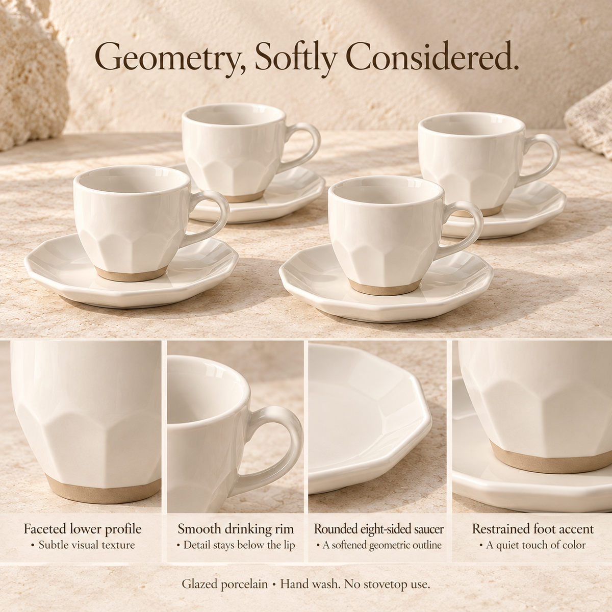 MAVELQIA™ Neris Espresso Cup and Saucer Gift Set — 4 Porcelain Demitasse Cups with Matching Saucers
