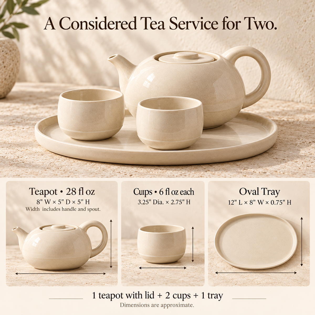 MAVELQIA™ Solune Ceramic Tea Gift Set for Two — Stoneware Teapot, 2 Teacups and Serving Tray