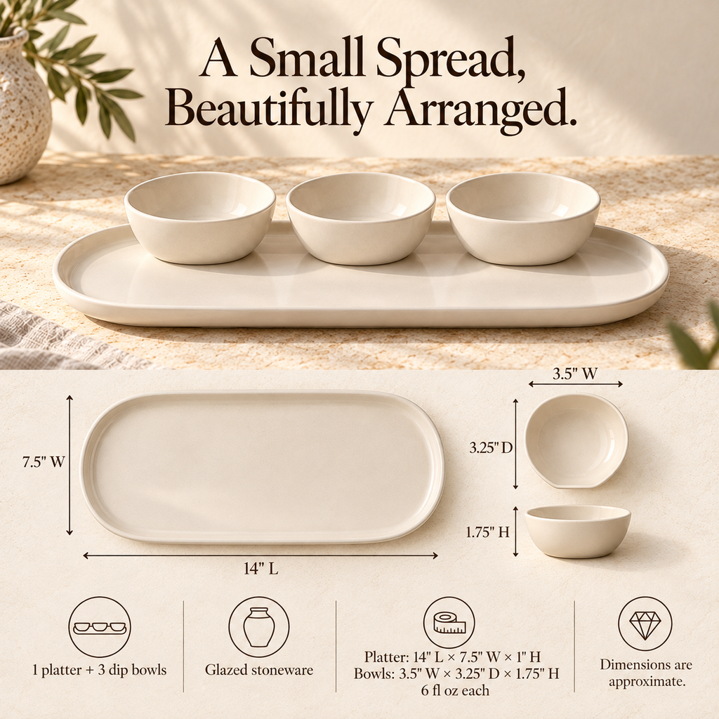 MAVELQIA™ Tavelle Ceramic Appetizer Serving Gift Set — Stoneware Platter with 3 Dip Bowls
