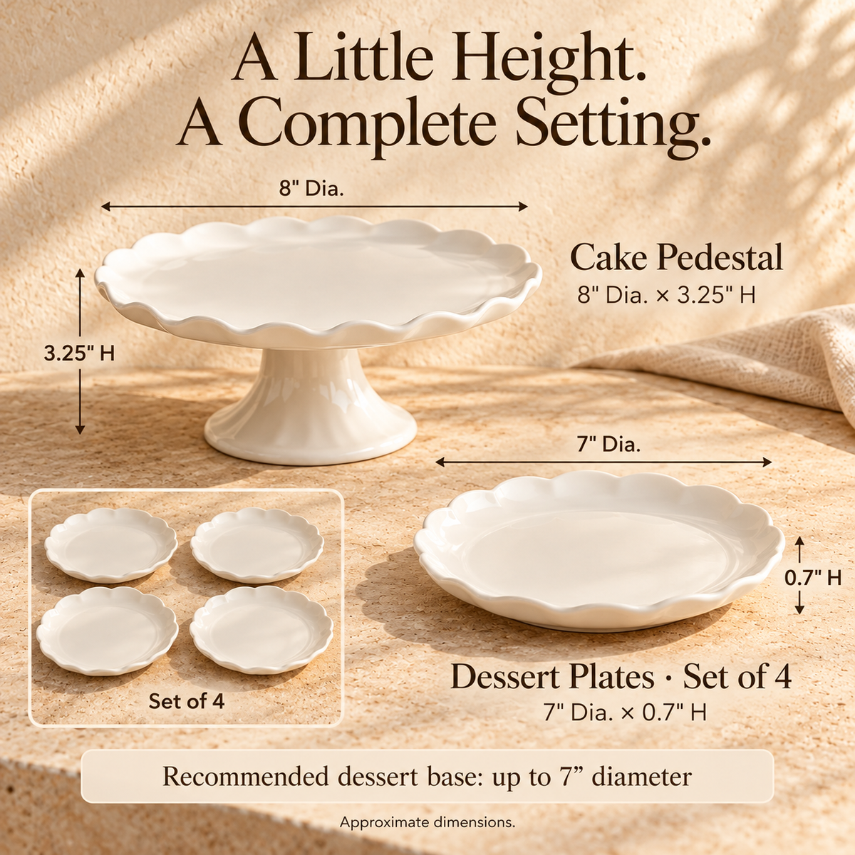 MAVELQIA™ Perenne Ceramic Dessert Gift Set — 4 Porcelain Dessert Plates and 1 Small Cake Pedestal