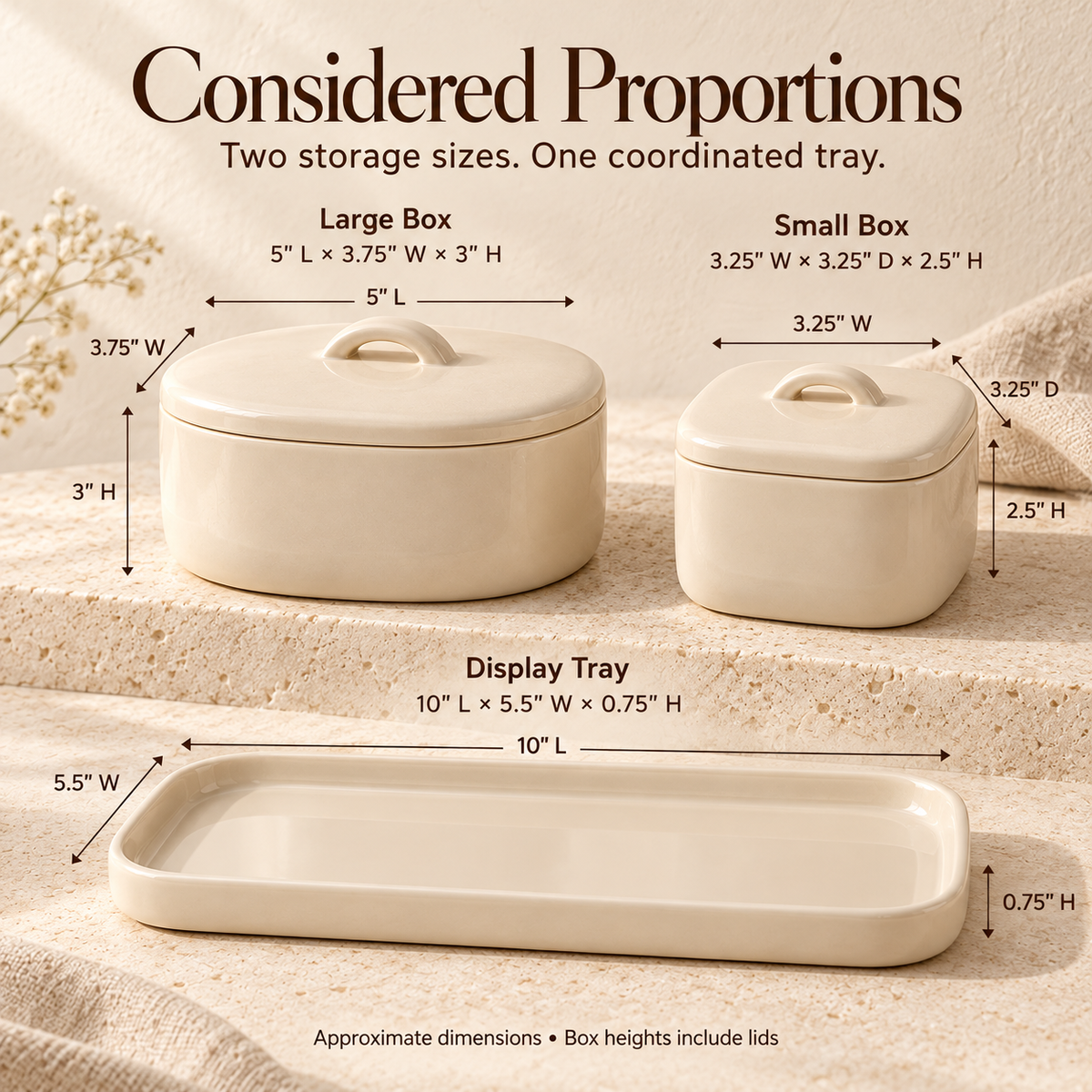 MAVELQIA™ Elaris Ceramic Keepsake Gift Set — 2 Lidded Decorative Storage Boxes with Matching Display Tray