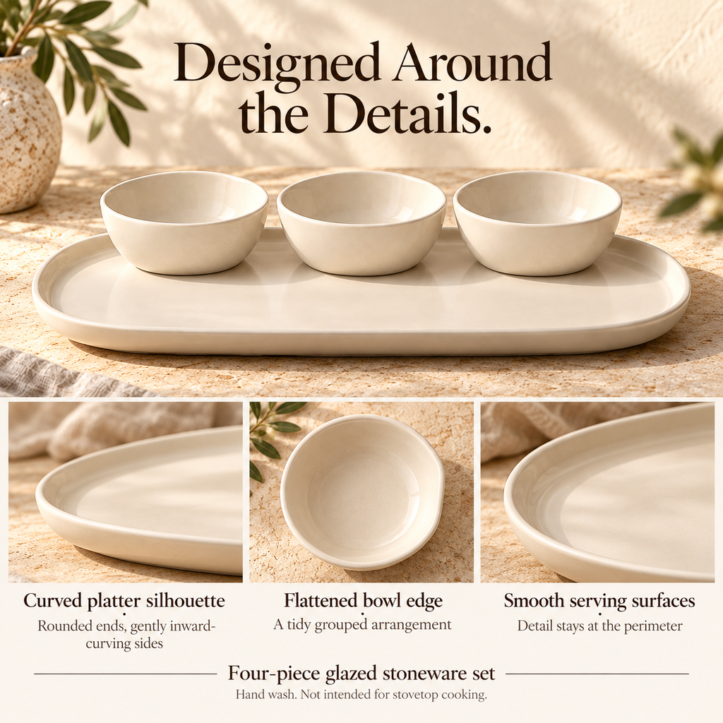 MAVELQIA™ Tavelle Ceramic Appetizer Serving Gift Set — Stoneware Platter with 3 Dip Bowls