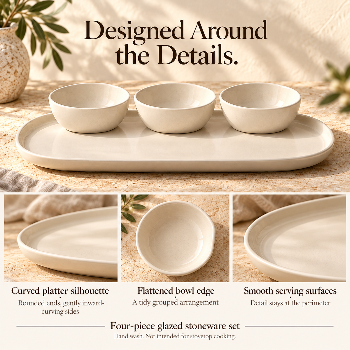 MAVELQIA™ Tavelle Ceramic Appetizer Serving Gift Set — Stoneware Platter with 3 Dip Bowls