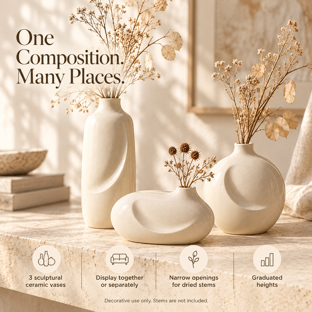 MAVELQIA™ Veyla Ceramic Bud Vase Gift Set — 3 Sculptural Decorative Vases for Shelves and Tabletops