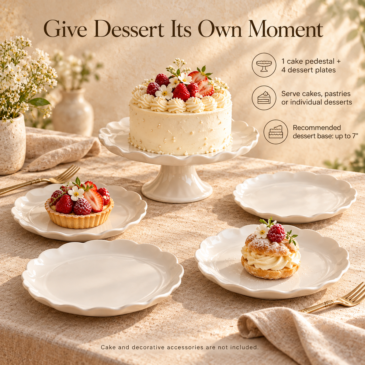 MAVELQIA™ Perenne Ceramic Dessert Gift Set — 4 Porcelain Dessert Plates and 1 Small Cake Pedestal