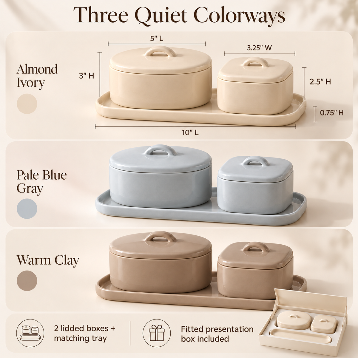 MAVELQIA™ Elaris Ceramic Keepsake Gift Set — 2 Lidded Decorative Storage Boxes with Matching Display Tray