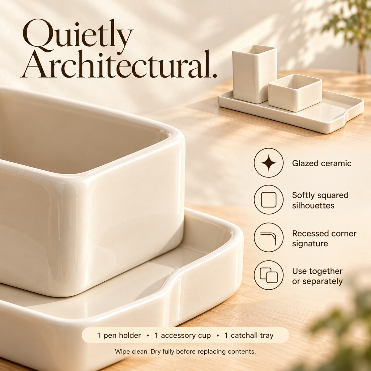 MAVELQIA™ Arven Ceramic Desk Organizer Gift Set — Pen Holder, Small Accessory Cup and Catchall Tray
