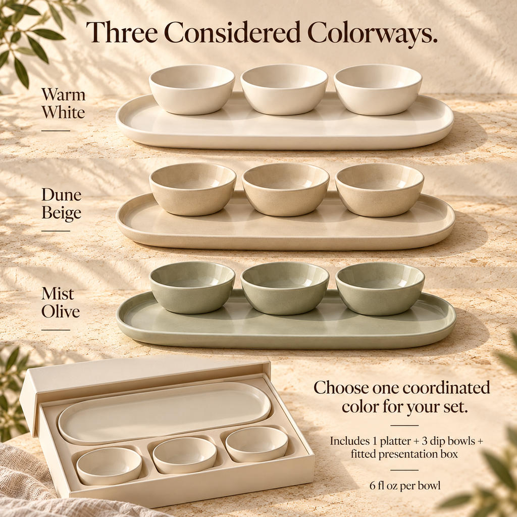 MAVELQIA™ Tavelle Ceramic Appetizer Serving Gift Set — Stoneware Platter with 3 Dip Bowls