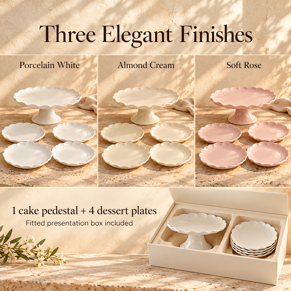 MAVELQIA™ Perenne Ceramic Dessert Gift Set — 4 Porcelain Dessert Plates and 1 Small Cake Pedestal