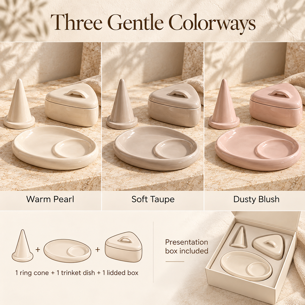 MAVELQIA™ Luneth Ceramic Jewelry Organizer Gift Set — Ring Cone, Trinket Dish and Lidded Keepsake Box