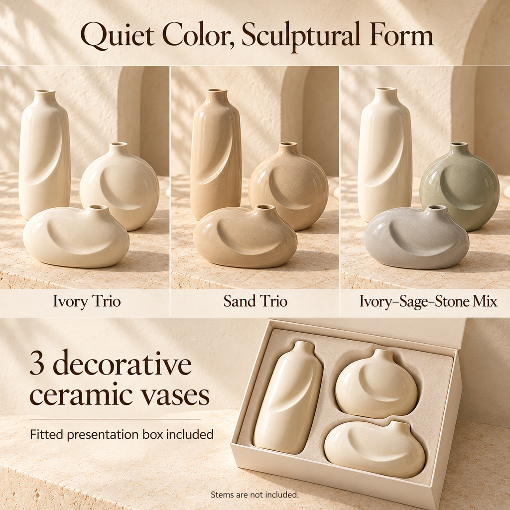 MAVELQIA™ Veyla Ceramic Bud Vase Gift Set — 3 Sculptural Decorative Vases for Shelves and Tabletops