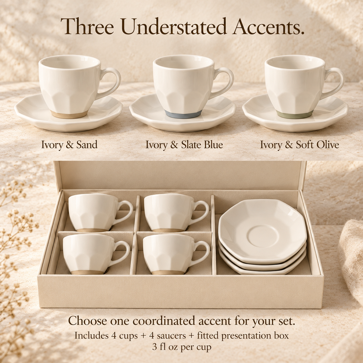 MAVELQIA™ Neris Espresso Cup and Saucer Gift Set — 4 Porcelain Demitasse Cups with Matching Saucers