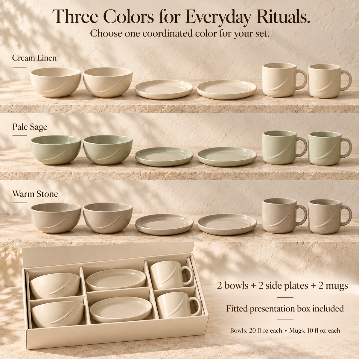 MAVELQIA™ Ovara Ceramic Breakfast Gift Set for Two — Stoneware Cereal Bowls, Side Plates and Mugs