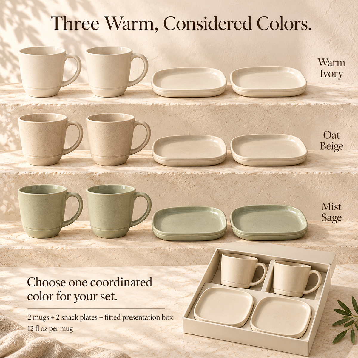 MAVELQIA™ Avelin Ceramic Mug Gift Set — Set of 2 Stoneware Coffee Mugs with Matching Snack Plates
