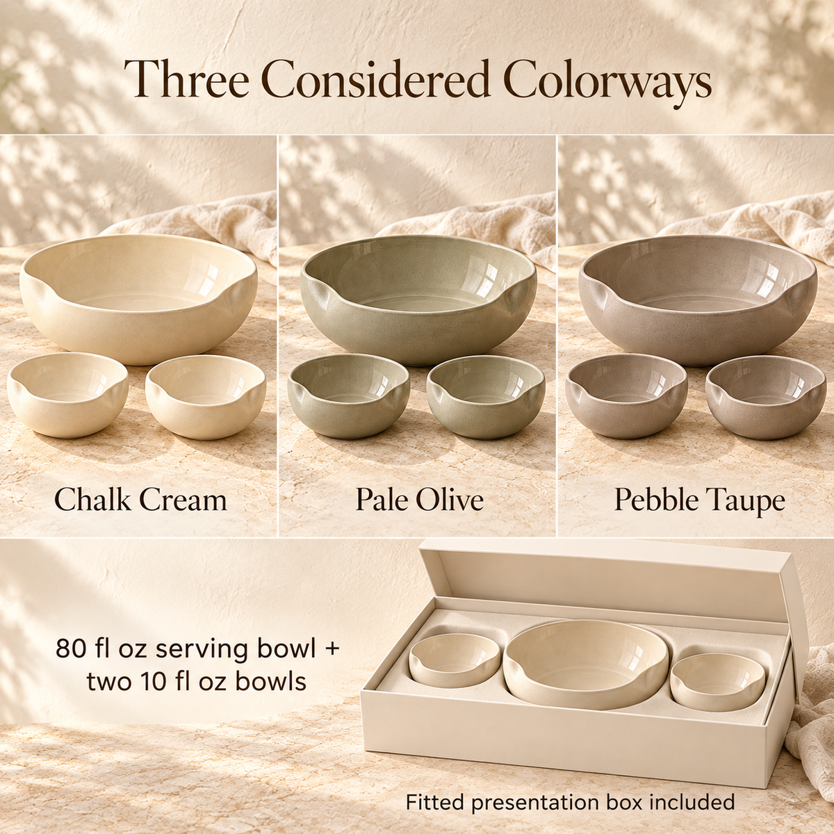 MAVELQIA™ Ordel Ceramic Salad Serving Gift Set — Large Stoneware Serving Bowl with 2 Small Serving Bowls