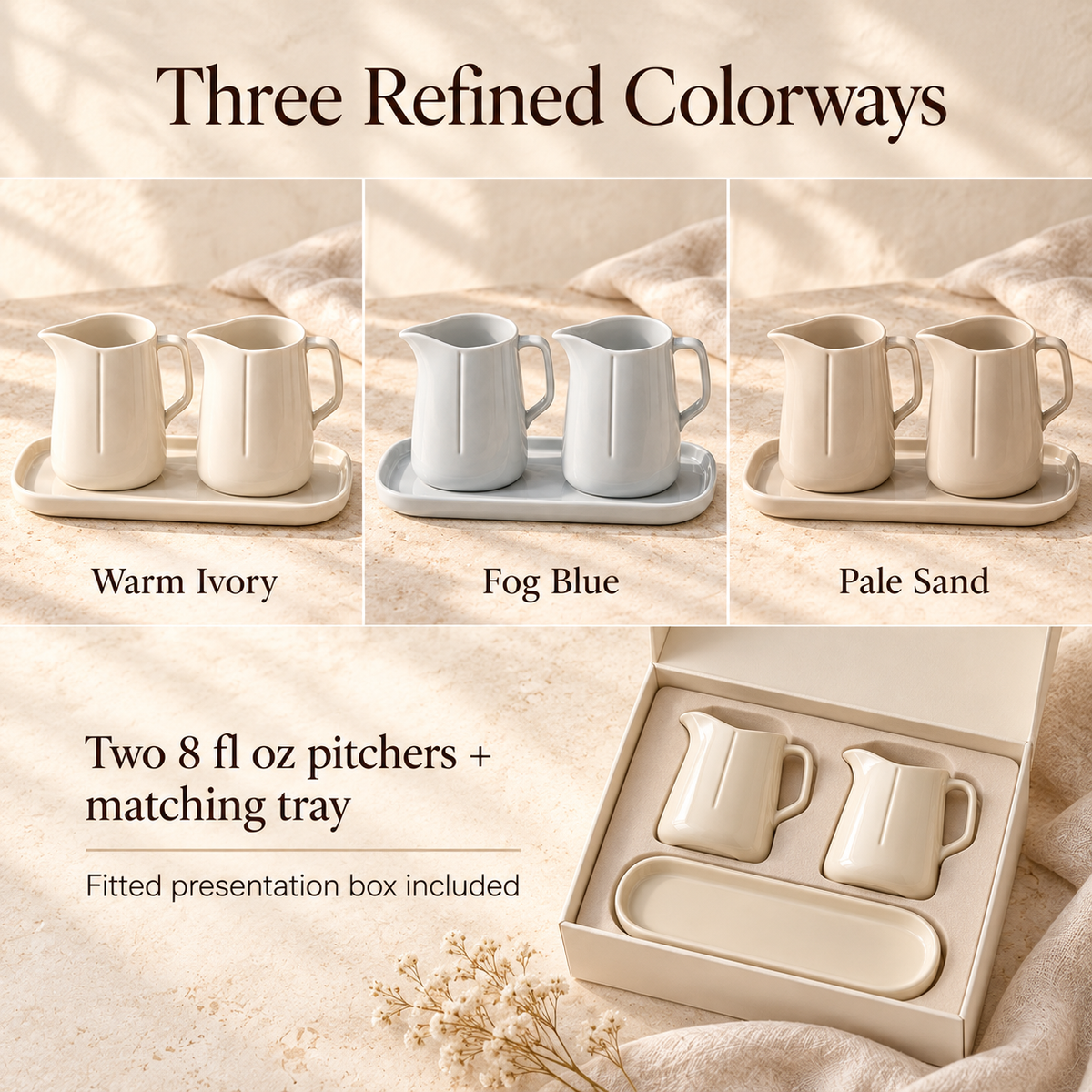 MAVELQIA™ Alune Ceramic Condiment Gift Set — 2 Porcelain Sauce Pitchers with Matching Serving Tray