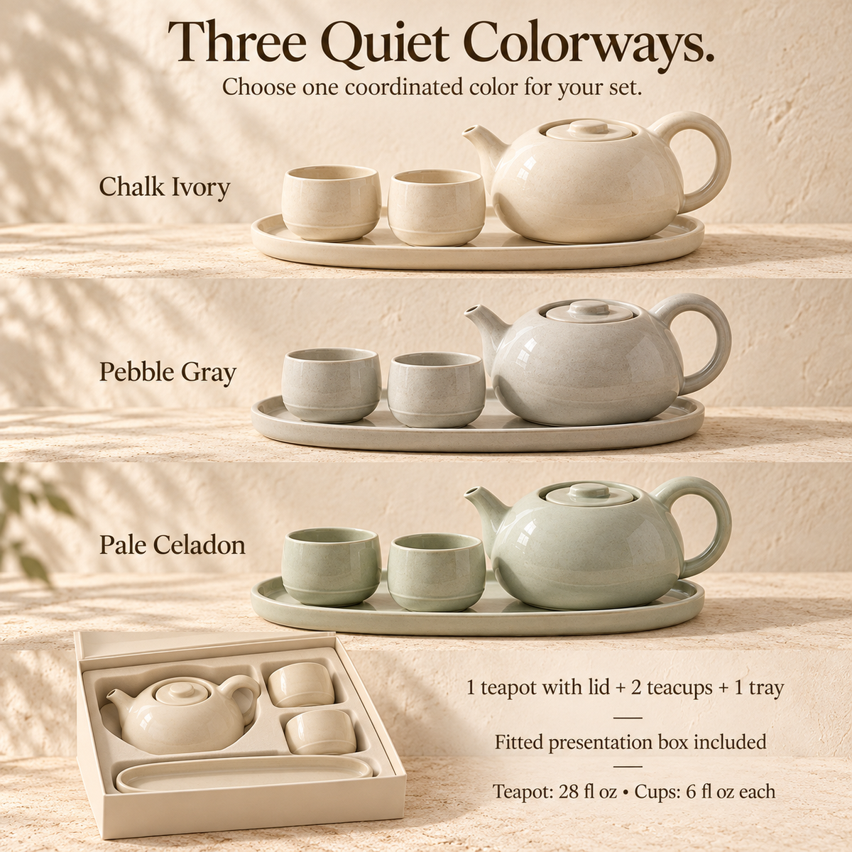 MAVELQIA™ Solune Ceramic Tea Gift Set for Two — Stoneware Teapot, 2 Teacups and Serving Tray