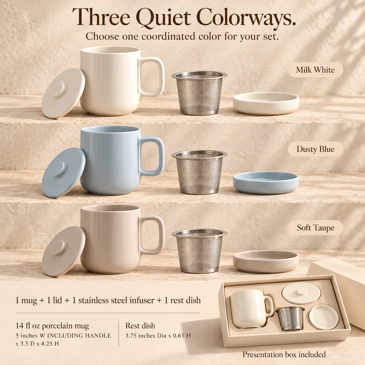 MAVELQIA™ Mirel Ceramic Tea Mug Gift Set — 14 fl oz Porcelain Mug with Stainless Steel Infuser, Lid and Rest Dish