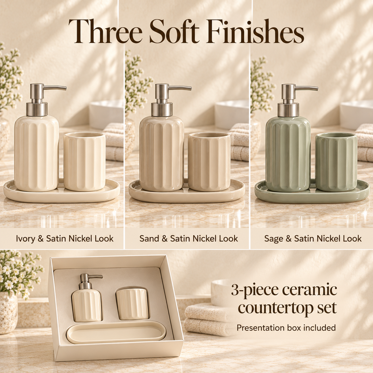 MAVELQIA™ Sorelle Ceramic Bathroom Accessory Gift Set — Soap Dispenser, Toothbrush Holder and Vanity Tray