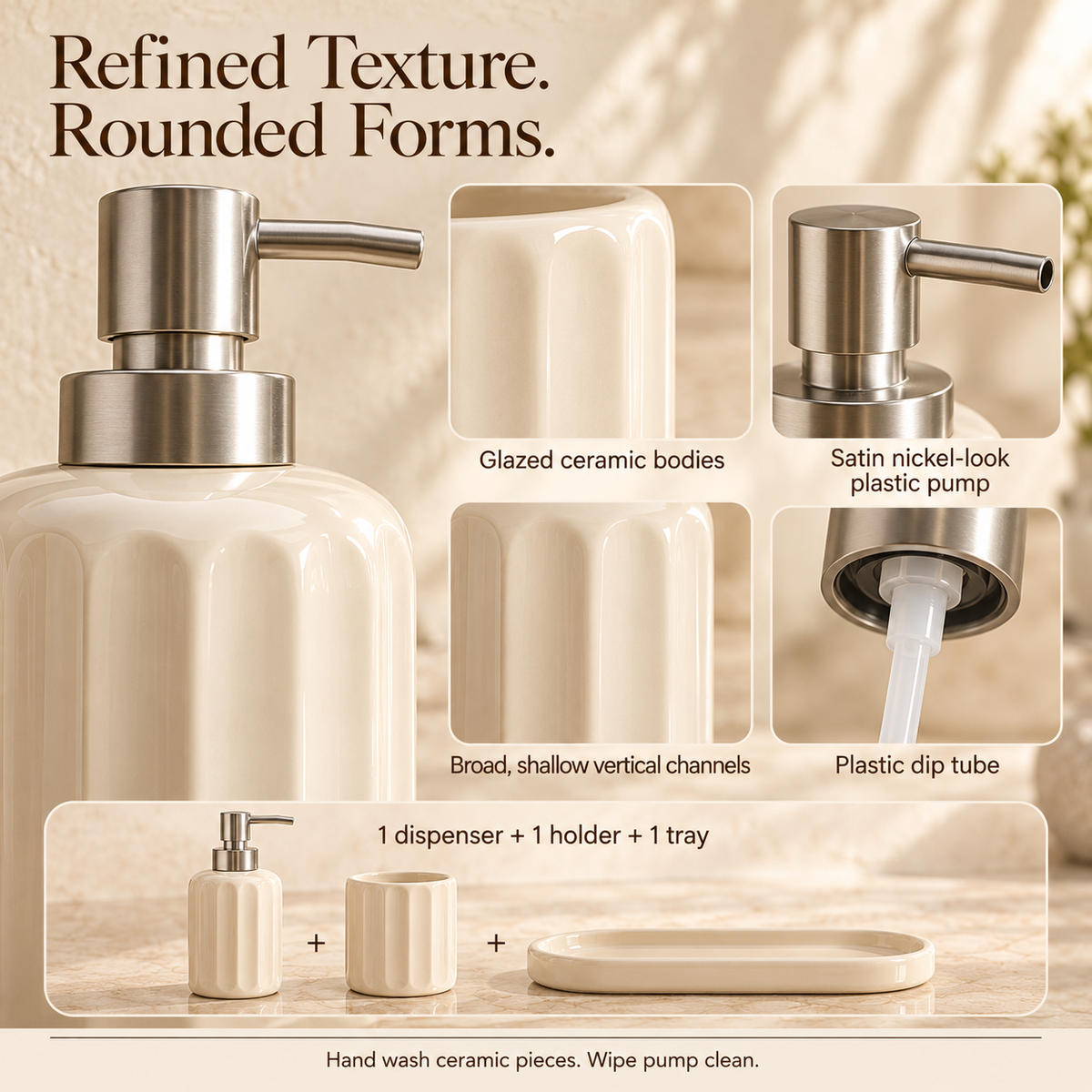 MAVELQIA™ Sorelle Ceramic Bathroom Accessory Gift Set — Soap Dispenser, Toothbrush Holder and Vanity Tray