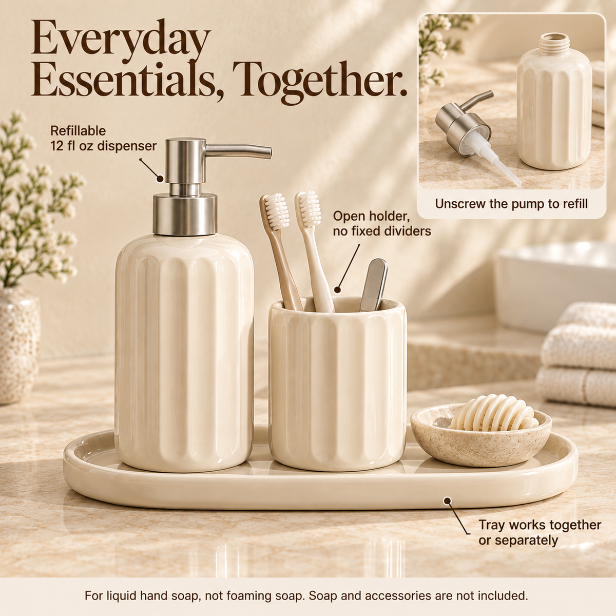 MAVELQIA™ Sorelle Ceramic Bathroom Accessory Gift Set — Soap Dispenser, Toothbrush Holder and Vanity Tray