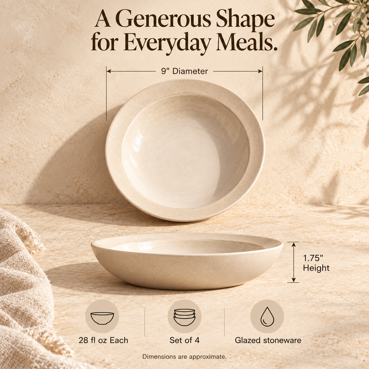 MAVELQIA™ Ceryn Ceramic Pasta Bowl Gift Set — 4 Wide Stoneware Bowls for Pasta, Salads and Grain Bowls