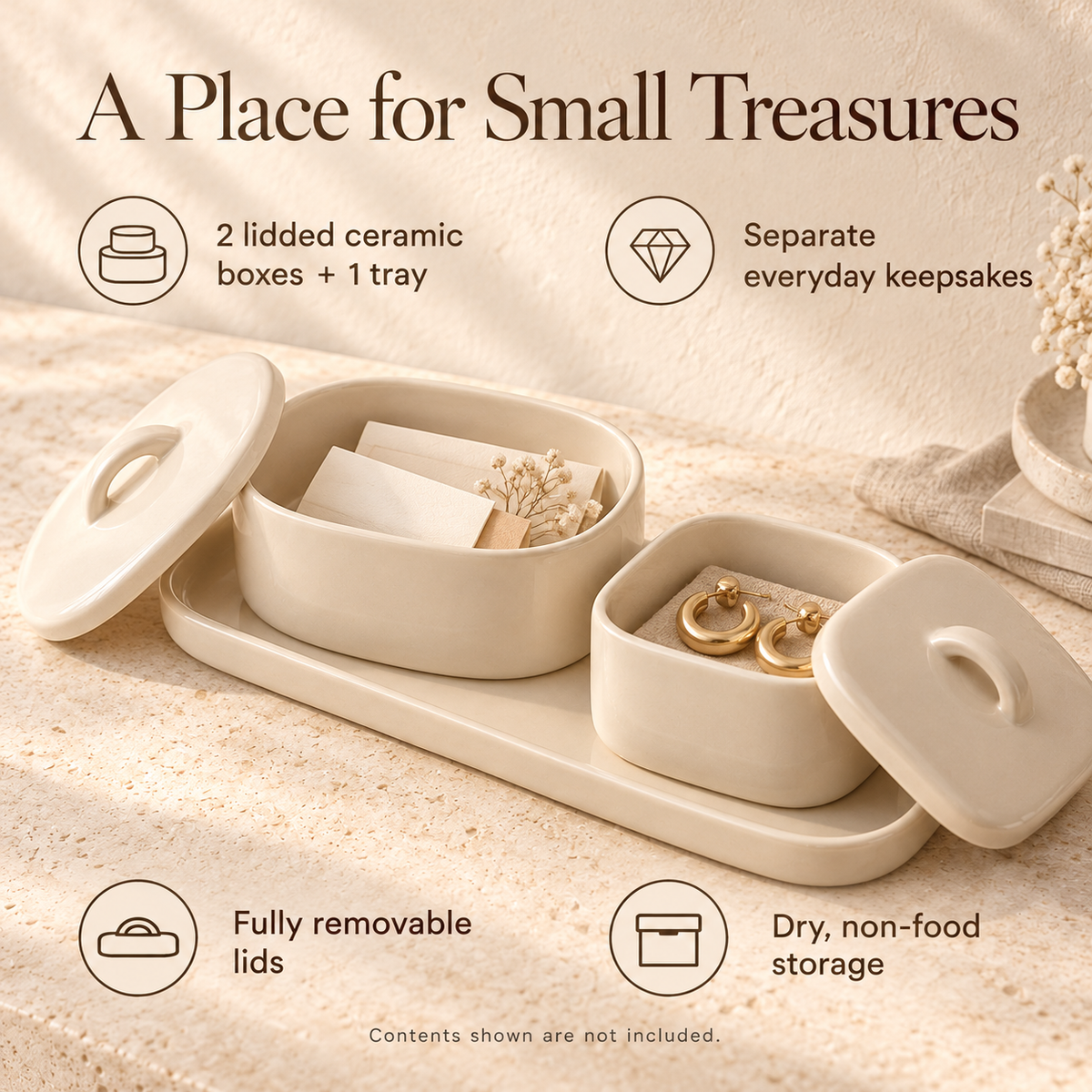 MAVELQIA™ Elaris Ceramic Keepsake Gift Set — 2 Lidded Decorative Storage Boxes with Matching Display Tray