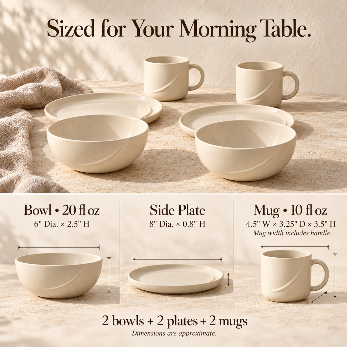 MAVELQIA™ Ovara Ceramic Breakfast Gift Set for Two — Stoneware Cereal Bowls, Side Plates and Mugs