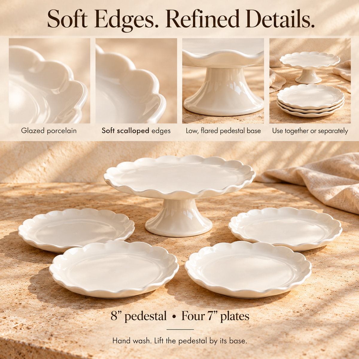 MAVELQIA™ Perenne Ceramic Dessert Gift Set — 4 Porcelain Dessert Plates and 1 Small Cake Pedestal